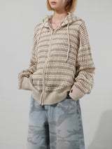 (UNISEX) メッシュストライプクロップドジップアップニット