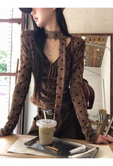 コットンウールスカーフドットブラウン長袖Tシャツ