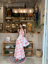 Red checkered V-neck sleeveless long dress