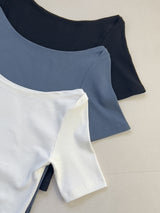 Boatneck Ribbed Elbow Length T-Shirt