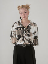 Cuban-style loose and breathable short-sleeved shirt with black and white portrait blur print.