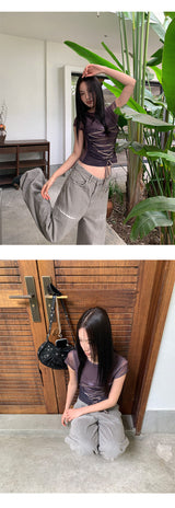 Corset strap back see-through short sleeve T-shirt