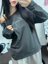 レタリングオフショルダーUネックロングスリーブTシャツ 🩶🤍🖤3カラー