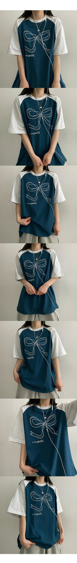 リボンラグランショートスリーブドtシャツ
