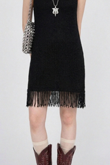 FRINGE-HEM KNIT V-NECK DRESS IN BLACK