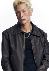 Washed Leather Crop Jacket - Brown