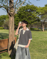 Windy Buckle Stripe Collar Short Sleeve Knit