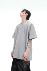ハンドソウンラインストーンコットンTシャツ