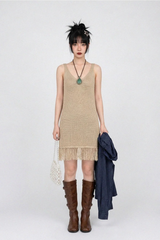 FRINGE-HEM KNIT V-NECK DRESS IN BEIGE