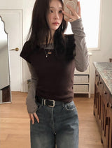 Feminine Border Cotton Boat Neck T-shirt (5color)
