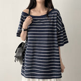 Watt Unfooted Off Shoulder Stripe Boxy Fit Short Sleeve