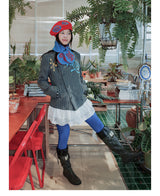 UnsocialNight original literary wool contrast colour フラワーアレンジメントプリントツイードジャケット detachableレースコート