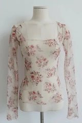 SHEER FLORAL SQUARE-NECK TOP