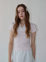 レースジップカラー半袖パフTシャツ(pink)