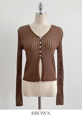 Hennua Half-Button See-Through Ribbed Cardigan