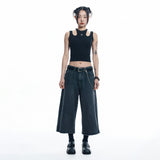 Cut-off Capri Denim Pants - BLACK