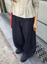マルーンサイドボタンワイドデニムパンツ