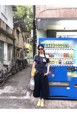 Checked pocket dark blue wide cropped denim