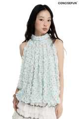 CONFUN dotted texture three-dimensional fabric folded collar ribbon sleeveless necked flower bud top