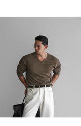 V-neck basic knit tee [Mocha]