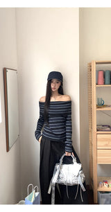 Stripe Slim Off-Shoulder Long-Sleeved Knit T-Shirt