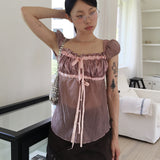 Chash jacquard satin see-through shirring ribbon cap sleeve blouse