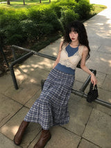 VINTAGE BLUE PLAID TIERED MAXI SKIRT