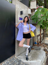 Blue check turban pocket loose fit shirt