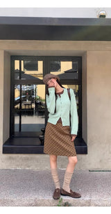 camel brown wool dot midi skirt