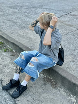 Double destroyed denim bermuda pants 1C