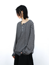 RELABEL (Vision) ライトウェイトベルベティストライプパッチワークロングスリーブTシャツスタッドディテール＆スクープネック