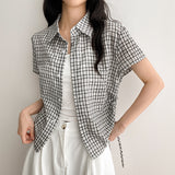Hbit Sleeve Roll-Up Side Line Shirring Check Short Sleeve Blouse (3 colors)