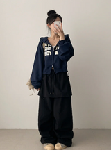 New York Lettering Two Way Cropped Hooded Zip-Up