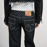 Tiberinus - Hipbone Jeans - Ultra-Low Rise Wide Straight-Leg Jeans - Black - Embroidered Back Pocket - 18 cm Rise - Low-Rise Fit - 25 cm Leg Opening
