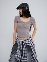 [U-BASIC] Slow button V-neck short sleeve