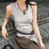 Slim basic layered diagonal long tank top sleeveless