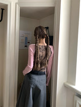 バックシースルーレース長袖Tシャツ