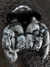 Carrot washed denim embroidered padded coat + black fur