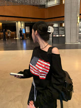 Western American Flag One-Off Shoulder Sweatshirt (6c)