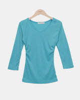 Nilon V-Neck Side-Shirring 7-Sleeve T-Shirt