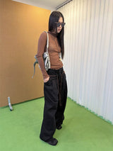 Black high-button-up wide pants