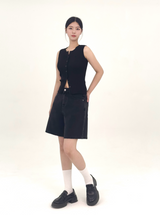  3RD REORDER HIP POCKET EMBROIDERY BLACK DENIM SHORTS LONG VERSION code 25106