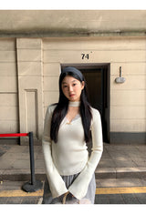 Choker V-neck Lace V-neck Long Sleeve T-shirt