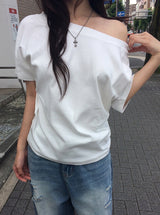 Soa Plain Unbalance Off-Shoulder Short-Sleeve T-Shirt