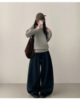 フォトンウエストバンド サイドスリット フリースデニムワイドパンツ