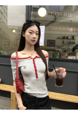 Red Line Stripe Off-Shoulder Top