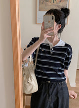 Border Collar Button Short Sleeve Knit (4color)