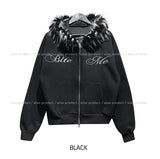 Bite lettering raccoon fur hood zip-up