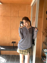 ラウンドボタンワッフルロングスリーブTシャツ