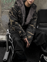 Dark camo semi-crop hooded fur jumper! + dark brown fur trim.